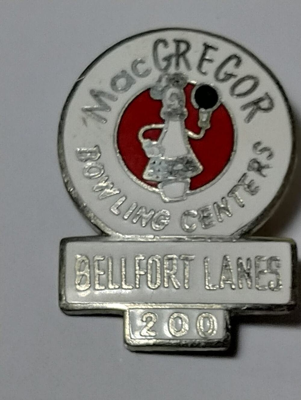 Vintage MacGregor Bowling Centers Bellfort Lanes 200 Game Pin Enamel Mascot